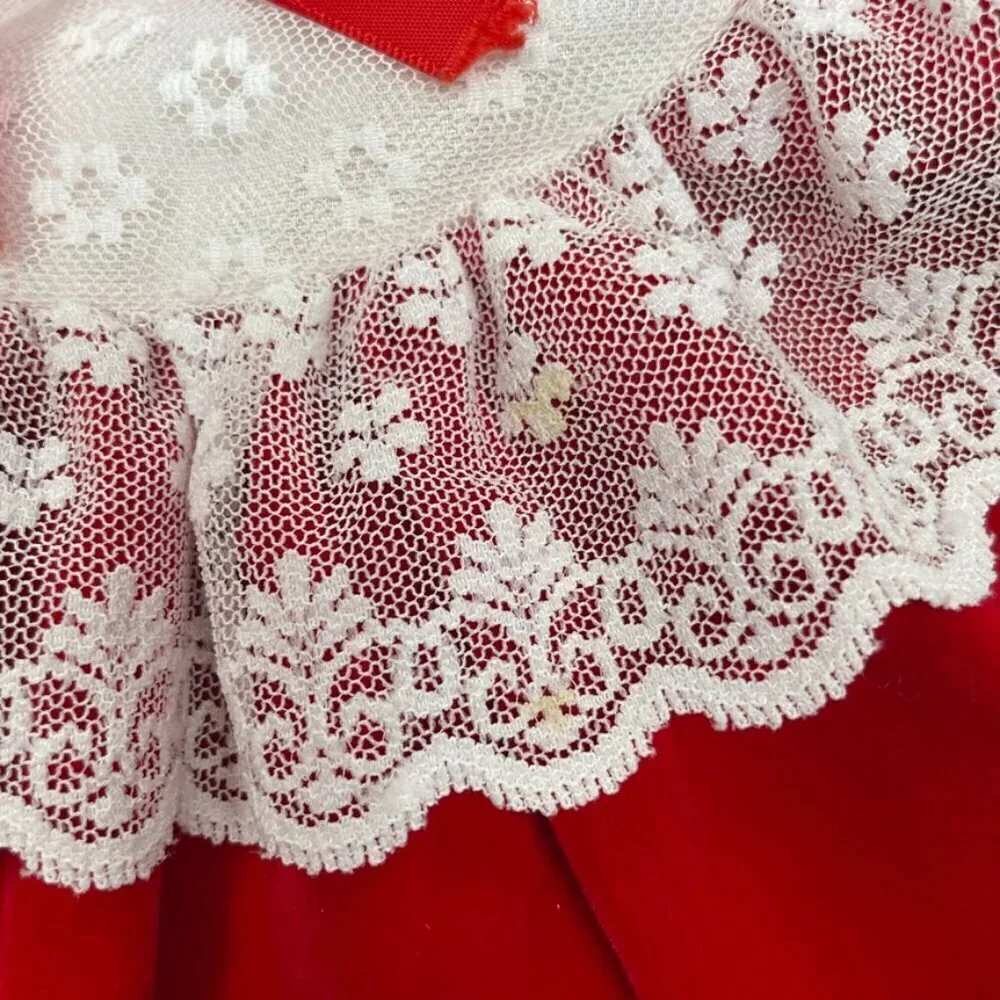 Vintage Toddler 18M Red Velvet and Lace Trim Christmas Dress w/ Bubble Sleeves